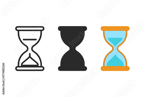 Futuristic Hourglass Trio. Minimalist hourglass icon: three identical futuristic hourglasses in a row, first in line style with