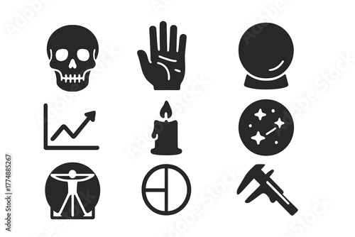Pseudo-Medical Icons. Solid style icons of Pseudo-Medical Practices: Skull, Hand Palm, Crystal Ball, Chart, Candle, Star Map,