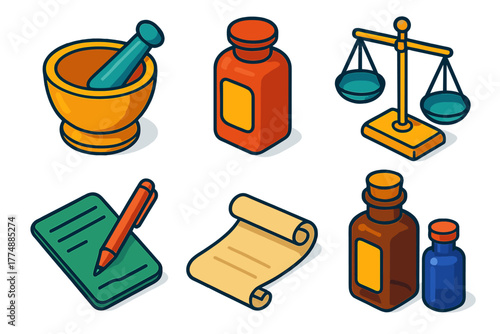 Vintage Pharmacy Essentials. Isometric vector illustration set Vintage Pharmacy: Mortar and Pestle, Apothecary Jar, Scales,