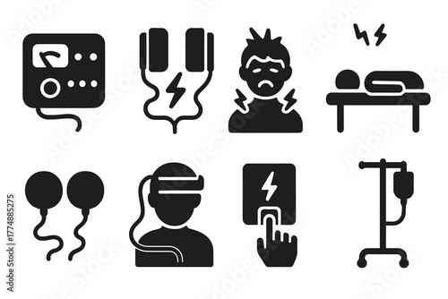 Vintage Electrotherapy Icons. Solid style icons of Vintage Electrotherapy Equipment: Electroconvulsive Machine, Paddles,