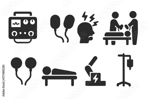 Vintage Electrotherapy Icons. Solid style icons of Vintage Electrotherapy Equipment: Electroconvulsive Machine, Paddles,