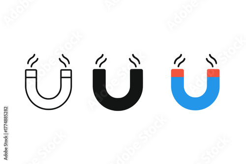 Minimalist Magnet Trio. Minimalist magnet icon: three identical horseshoe magnets with small magnetic waves in a row, first in