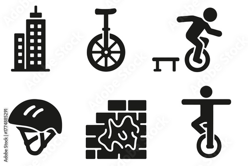Urban Unicycling Icons. Solid style icons of Urban Unicycling: Skyscraper, Unicycle, Rail, Trick Jump, Helmet, Concrete Stairs,