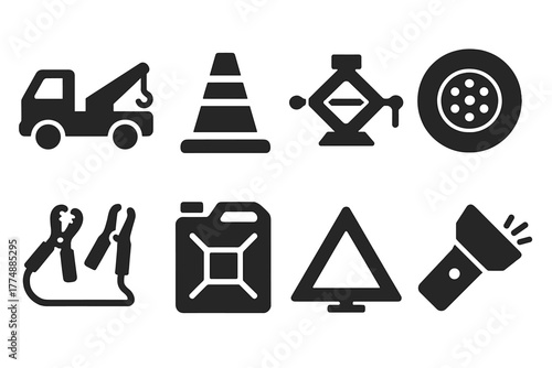 Roadside Assistance Icons. Solid style icons of Roadside Assistance: tow truck, hazard cone, jack lift, spare tire, jumper cables,