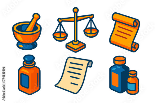 Vintage Pharmacy Essentials. Isometric vector illustration set Vintage Pharmacy: Mortar and Pestle, Apothecary Jar, Scales,