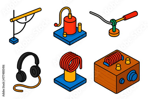 Crystal Radio Components. Isometric vector illustration set Crystal Radio: Wire Aerial, Crystal Detector, Cat's Whisker, Earphone,