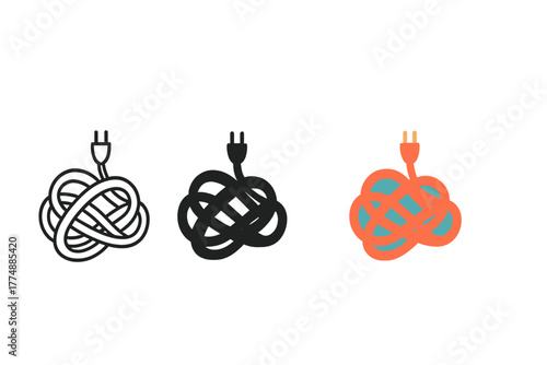 Minimalist Cable Icons. Minimalist cable bundle icon: three identical bundles of discarded cables in a row, first in line style