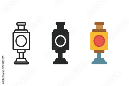 Vintage Signal Lamps. Minimalist signal lamp icon: three identical vintage railway signal lamps in a row, first in line style with