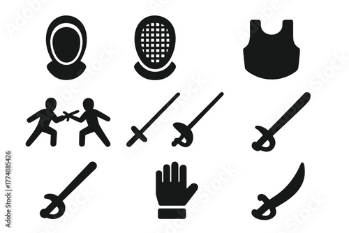 Historical Fencing Icons. Solid style icons of Historical Fencing Gear: Mask, Mesh, Bib, Duel, Foil, Épée, Sabre, Glove, No text,