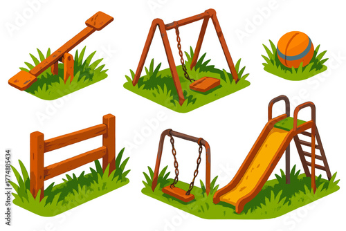 Forgotten Playground Icons. Isometric vector illustration set Forgotten Playground: Overgrown Grass, Rusty Seesaw, Fallen Swing,