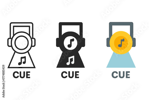 Stage Light Icons. Minimalist stage cue icon: three identical stage light with cue icons in a row, first in line style with thin