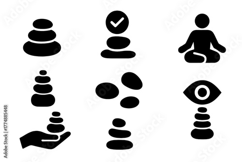 Rock Balancing Art. Solid style icons of Rock Balancing: Stone, Gravity, Patience, Zen, Cairn, Pebbles, Hand, Focus, No text, No