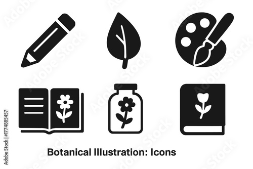 Botanical Illustration Icons. Solid style icons of Botanical Illustration: Pencil, Leaf, Watercolor, Sketchbook, Magnifying Glass,