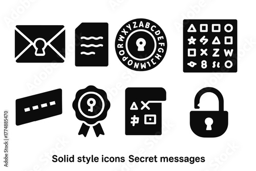 Secret Message Icons. Solid style icons of Secret Messages: Folded Letter, Invisible Ink, Cipher Disk, Symbol Grid, Hidden Code,