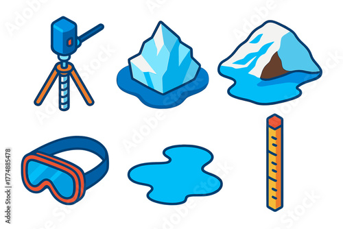 Cryospheric Study Icons. Isometric vector illustration set Cryospheric Study: Core Drill, Iceberg, Melting Glacier, Meltwater,