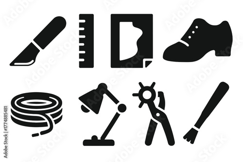 Modern Artisan Shoemaker Icons. Solid style icons of Modern Artisan Shoemaker: Cutting Knife, Measuring Ruler, Pattern Sheet,