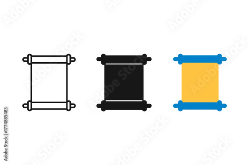 Minimalist Scroll Trio. Minimalist wall scroll icon: three identical hanging scrolls in a row, first in line style with thin