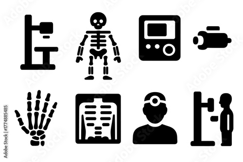 Early Medical Imaging Icons. Solid style icons of Early Medical Imaging: X-Ray Machine, Skeleton, Control Panel, Tube, Hand Bones,