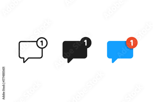 Chat Bubble Icons. Minimalist notification icon: three identical chat bubbles with small badges in a row, first in line style with