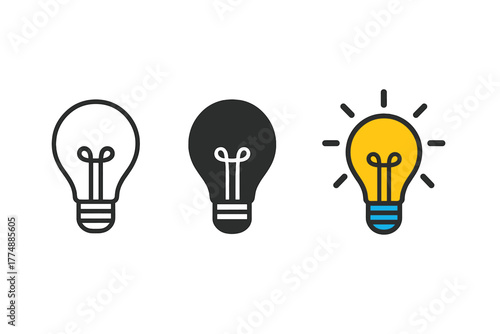 Minimalist Light Bulbs. Minimalist light bulb icon: three identical bulbs with glowing filaments in a row, first in line style