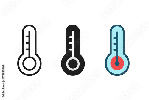 Stylish Thermometer Icons. Minimalist weather icon: three identical thermometer icons in a row, first in line style with thin