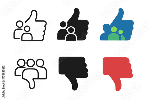 Social Icon Variety. Linear minimalistic social like icon: thumb up with small people outline, uniform line thickness, no fill,