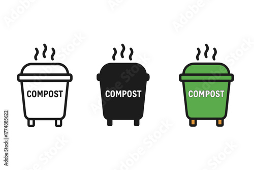 Compost Bin Iconography. Minimalist composting icon: three identical compost bin icons in a row, first in line style with thin