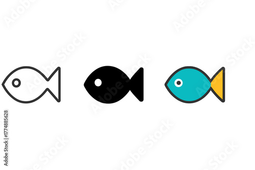 Minimalist Fish Icons Trio. Minimalist fish icon: three identical fish icons in a row, first in line style with thin outline,