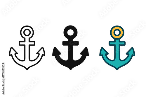 Minimalist Anchor Trio. Minimalist anchor icon: three identical anchor icons in a row, first in line style with thin outline,