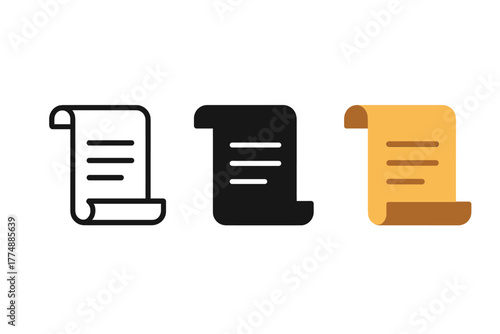 Trade Document Icons. Minimalist trade document icon: three identical parchment scroll icons in a row, first in line style with