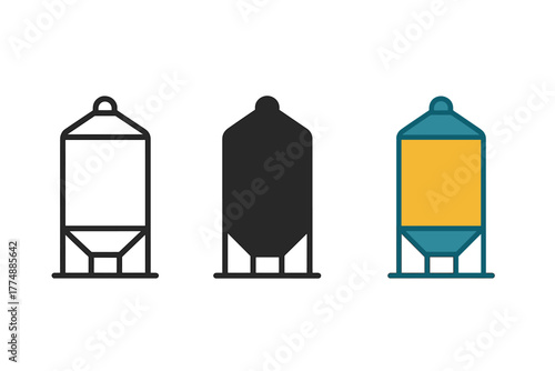 Triple Silo Styles. Minimalist silo icon: three identical silo icons in a row, first in line style with thin outline, second in