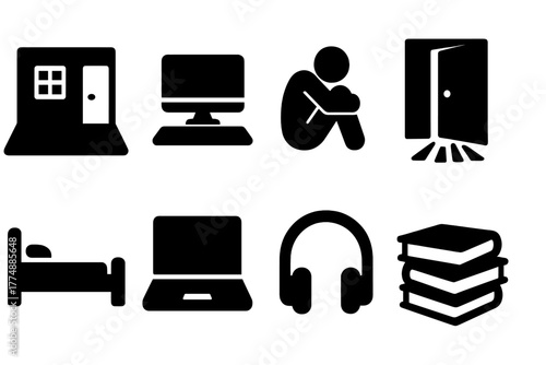 Social Withdrawal Icons. Solid style icons of Social Withdrawal: Room, Computer, Isolation, Sunlight Under Door, Bed, Laptop,