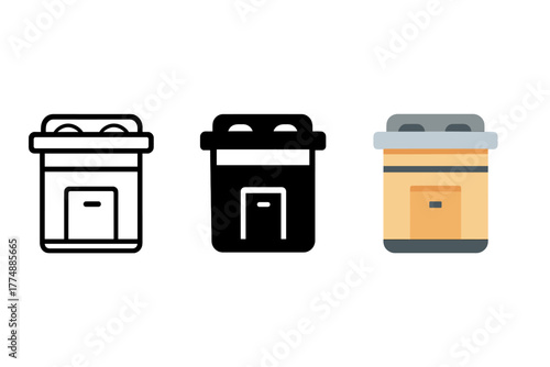 Cooking Station Icons. Minimalist cooking station icon: three identical stove and countertop icons in a row, first in line style