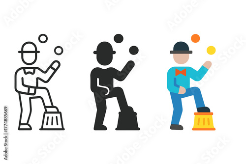 Street Performer Icons. Minimalist street performer icon: three identical performers in a row, first in line style with thin