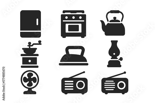 Antique Appliance Icons. Solid style icons of Antique Household Appliances: Icebox, Stove, Kettle, Coffee Grinder, Iron, Lamp, Fan