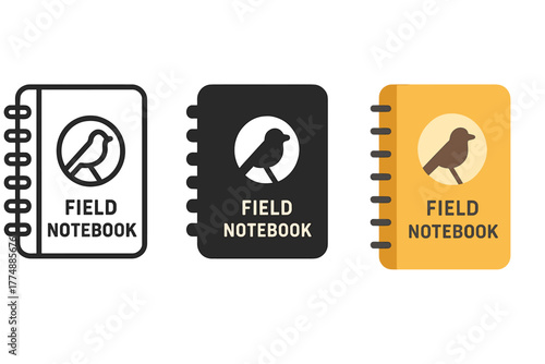 Birdwatching Notebook Trio. Minimalist field notebook icon: three identical birdwatching notebooks in a row, first in line style