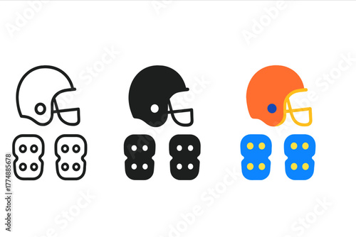 Minimalist Gear Icons. Minimalist protective gear icon: three identical helmets and pads in a row, first in line style with thin