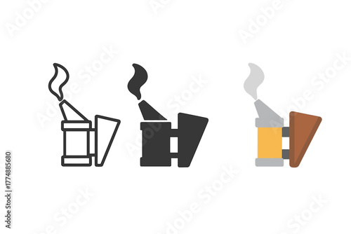 Beekeeping Smoker Icons. Minimalist smoker tool icon: three identical beekeeping smokers in a row, first in line style with thin