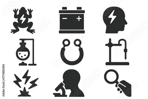 Vintage Galvanism Icons. Solid style icons of Vintage Galvanism: Frog Legs, Battery, Twitch, Experiment, Electrodes, Stand, Sparks