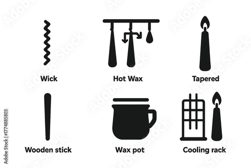 Candle Making Icons. Solid style icons of Candle Dipping: Wick, Hot Wax, Repeated Dipping, Tapered Candle, Wooden Stick, Wax Pot,