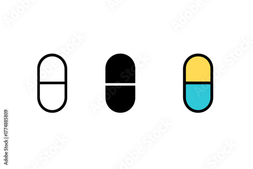 Minimalist Pill Icons. Minimalist pill icon: three identical capsules split in half with line in the middle in a row, first in