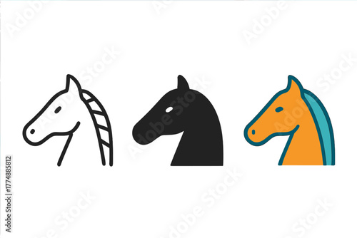 Varied Horse Icons. Minimalist horse icon: three identical horse heads in side view in a row, first in line style with thin