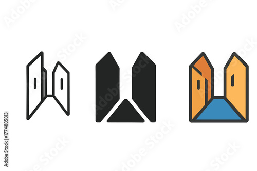 Minimalist Alley Icons. Minimalist alleyway icon: three identical narrow alley icons in a row, first in line style with thin
