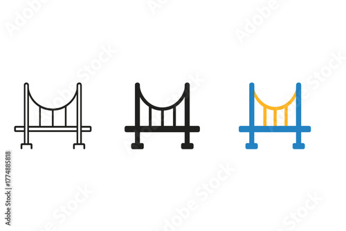 Suspension Bridge Icons. Minimalist cable tension icon: three identical suspension bridge cable icons in a row, first in line