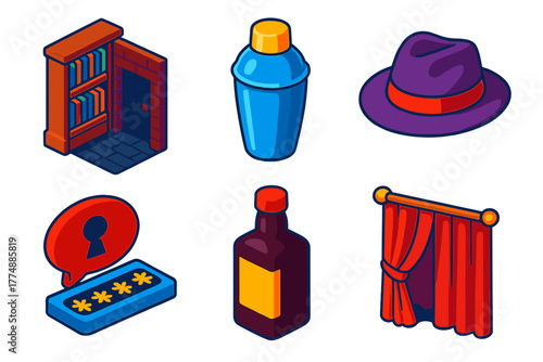 Speakeasy Icons Set. Isometric vector illustration set Speakeasy: Hidden Door, Cocktail Shaker, Fedora, Secret Password, Whiskey
