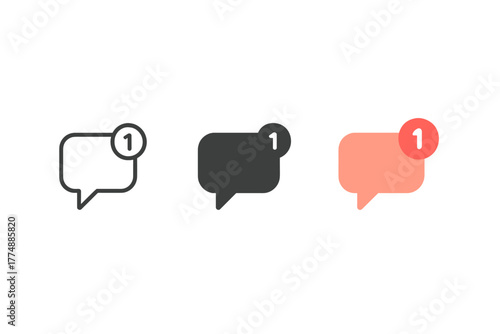 Chat Bubble Icons. Minimalist notification icon: three identical chat bubbles with small badges in a row, first in line style with