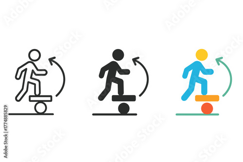 Minimalist Trick Diagrams. Minimalist trick diagram icon: three identical step-by-step trick illustrations in a row, first in line