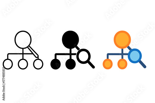 Network Scan Icons. Minimalist network scan icon: three identical network nodes with magnifying glass icons in a row, first in