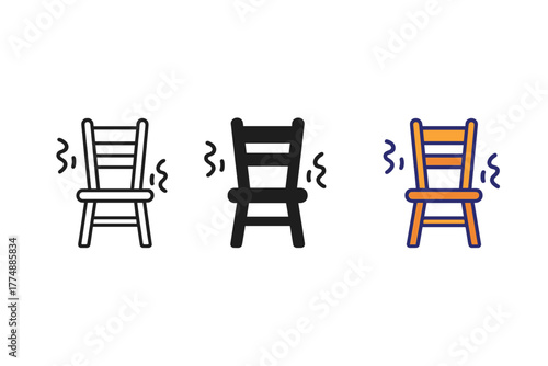 Minimalist Haunted Chairs. Minimalist haunted chair icon: three identical creaky chair icons in a row, first in line style with