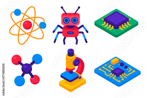 Nanotech Isometric Icons. Isometric vector illustration set Nanotechnology: Atomic Structure, Nanobot, Microchip, Molecular Model,